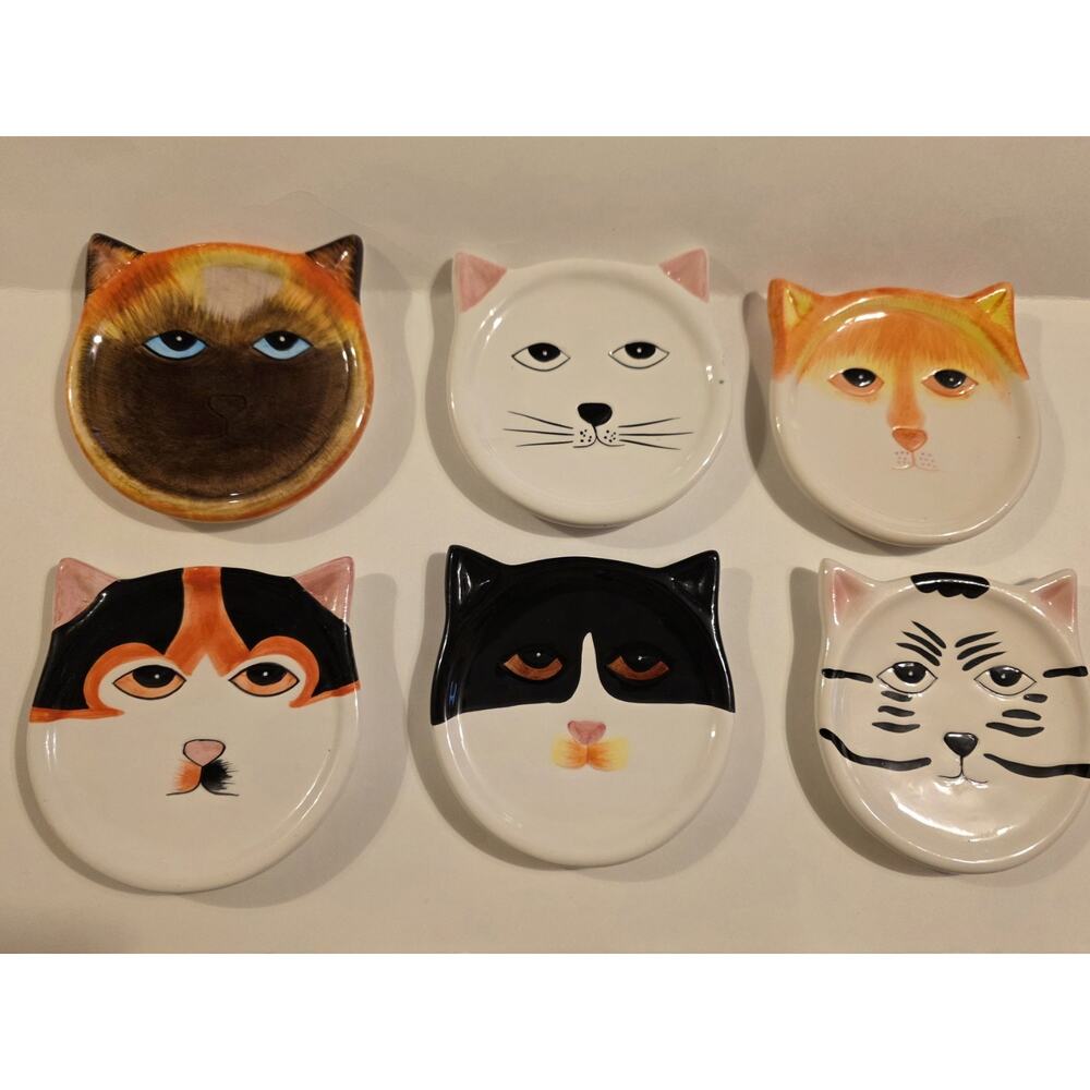 Set Of Six Vintage Bandwagon Collectible Kitty Cat Face Ceramic Drink Coasters